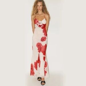 Zara Floral Polka Dot print maxi dress white black red Blogger Favorite S